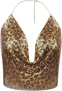 GREUS Womens Glittery Sequins Halter Crop Top Sexy Leopard